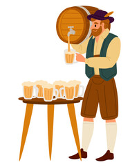 Man in festive attire pours beer by glass from wooden barrel. Octoberfest party. Bavarian holiday. Pub alcohol beverage. Autumn celebration. Foam lager pint cups on table. Vector concept