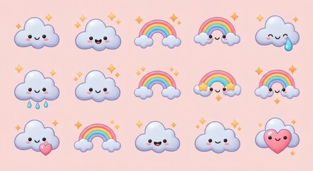 Adorable Kawaii Cloud and Rainbow Illustrations Cute Cartoon Characters for Kids Design and