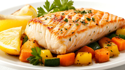 Grilled fish fillet with roasted vegetables and lemon wedges, drizzled with herb-infused olive oil, elegantly served on a clean white plate for a fresh and healthy meal.
