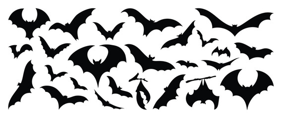 Fototapeta premium Happy Halloween silhouette element vector set. Collection of spooky bat flying. Halloween decoration Isolated icon holidays for festival, sticker, card, decorative. 