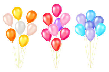Festive realistic inflatable multicolored balloons. Birthday helium spheres bunch. Inflated balls flying. Celebration decorations. Helium bubbles. Vector holiday party floating objects set
