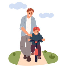 Fototapeta premium Father teaches his young son how to ride bicycle in nature. Boy learning to biking. Outdoor leisure. Parent and kid walking together. Dad and child fun activity. Vector parenthood concept