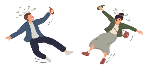 Drunken man and woman lose their balance and fall from dizziness associated with alcohol intoxication. Trembling people stumble. Addiction of booze. Unhealthy habits. Vector concept