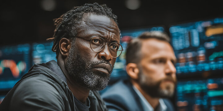 Stock Market Trading and Financial Analysis in Modern Business Environment. A high-impact  image depicting financial professionals and teams in fast-paced stock trading environments.

