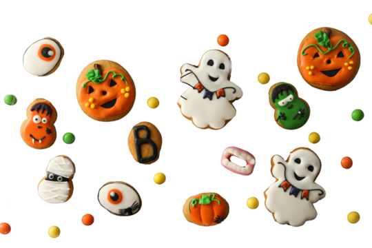 Halloween-themed colorful cookies, isolated on white, PNG