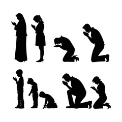 Silent devotion: Silhouette of diverse people in prayer, expressing quiet faith and serenity. Symbolic representation of inner peace and spiritual connection.