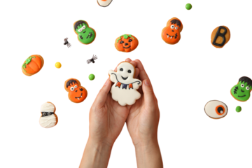 Hands hold a ghost cookie, isolated on white, PNG