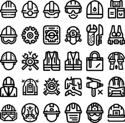 Fototapeta premium Set of 30 Outline Icons of Safety Helmets, Gloves, and Protective Gear set3 in Adobe Illustrator Artwork. safety helmets, gloves, safety vests, goggles, tools, and protective gear commonly
