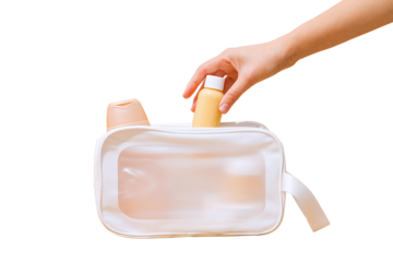 Placing beauty bottles in a bag, isolated on white, PNG