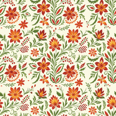 A vibrant, seamless folk art floral pattern with a vintage charm. Rich autumn colors evoke a cozy feel, perfect for textiles, wallpaper, and crafts. Hand-drawn, organic design.