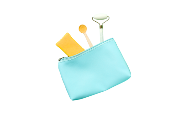 Beauty tools in a blue pouch, isolated on white, PNG