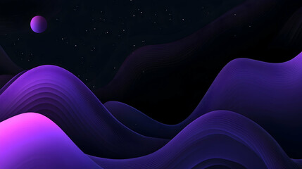Abstract purple waves landscape with planet and stars background. Modern design