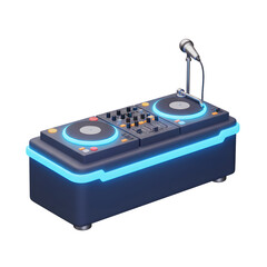 Fototapeta premium A DJ mixer with a turntable and microphone is presented in a modern style, suitable for creating electronic music.