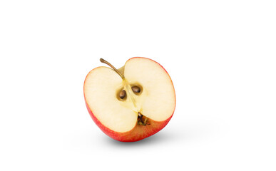 Standing slice of red apple isolated. Half of red apple. Not AI, real retouched photo.