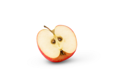 Standing slice of red apple isolated. Half of red apple. Not AI, real retouched photo.