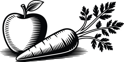 A black and white illustration of an apple and a carrot with detailed shading on a white background