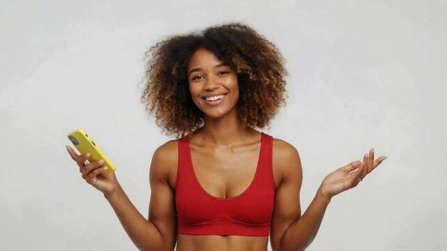 happy businesswoman holding smart phone , curly hair woman using mobile , a woman in a sports bra hd video , 4k video , mp4 video , mov