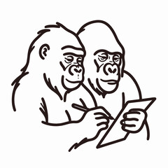 Gorilla couple Drawing or painting together. Valentine Love Romance Cupid February Clipart Line Art Vector Illustration. Ape duo sketch artwork project common activity teamwork theme.