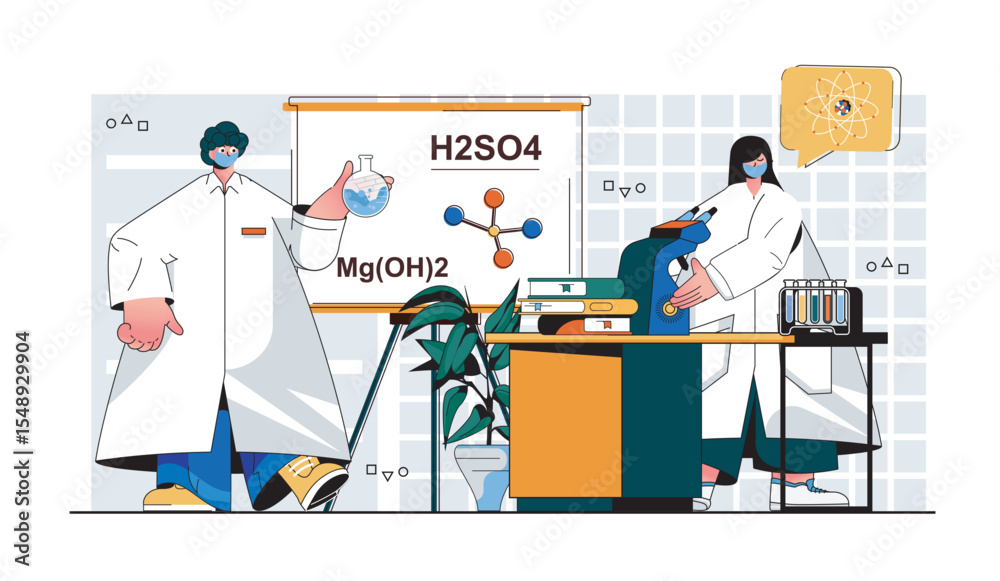Poster laboratory concept for modern web design. people working in lab, scientists making scientific resear