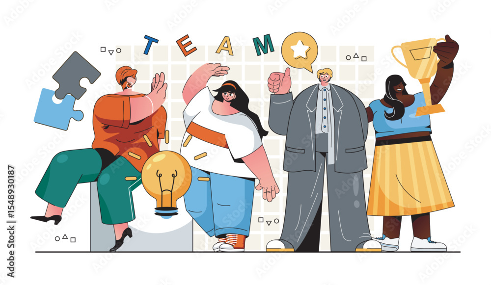 Poster teamwork concept for modern web design. people colleagues collaborate on project, brainstorming new 
