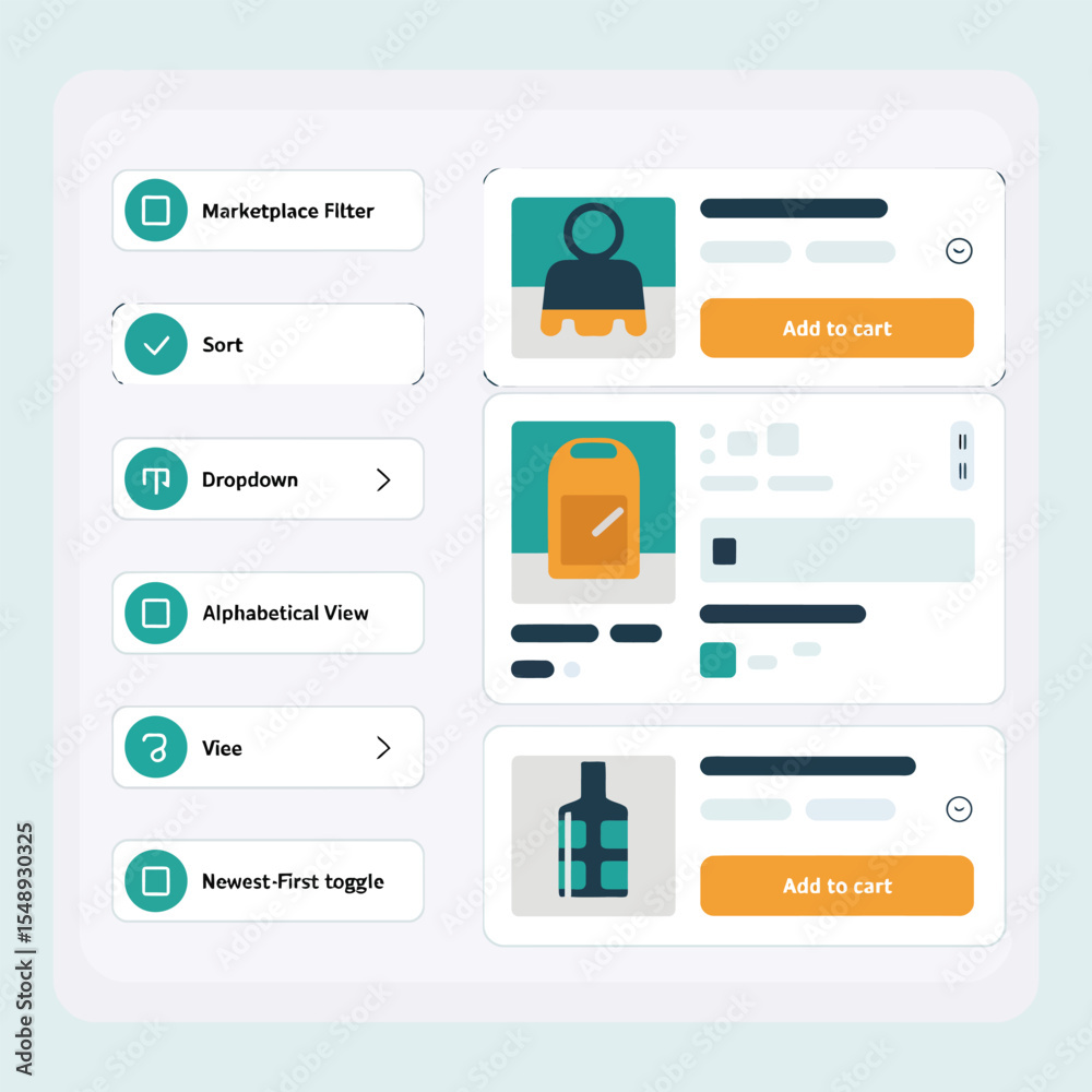 Poster teal and orange user interface design showing marketplace filter options sort dropdown alphabetical 