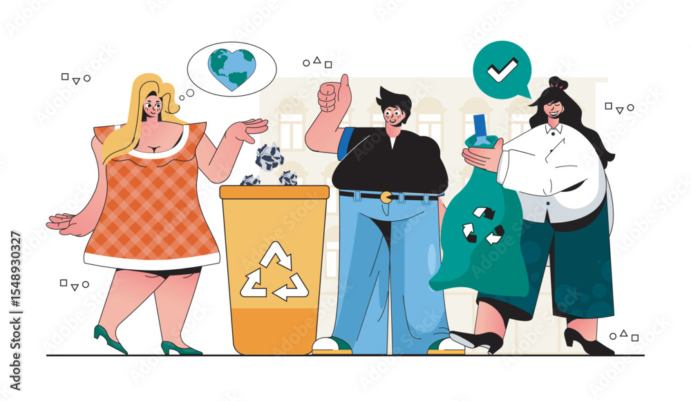 Poster waste management concept for modern web design. people collecting trash, sorting garbage into separa