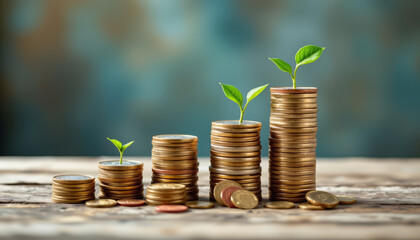 Wealth accumulation metaphor with stacks of coins growing taller and small green plants sprouting top, symbolizing financial