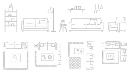 Minimal Interior Furniture with Sofa and Decor Elements Line Drawing