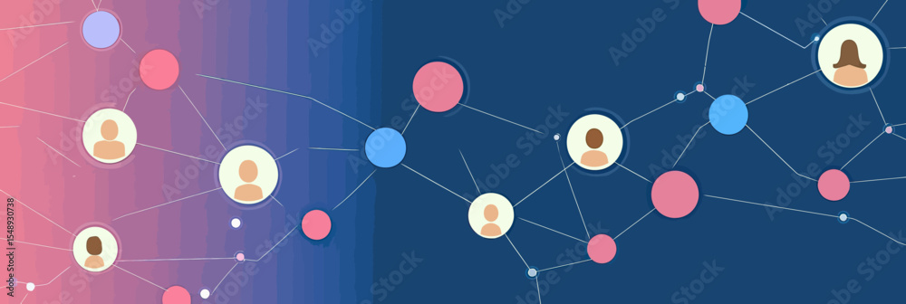 Poster minimalist flat vector illustration of social network connection with user icons and nodes on vibran