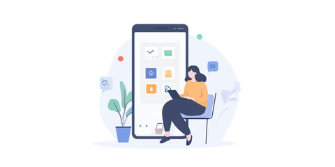 Fototapeta premium Remote work digital communication concept with woman using laptop connected to large smartphone applications and secure data icons in flat minimalist style