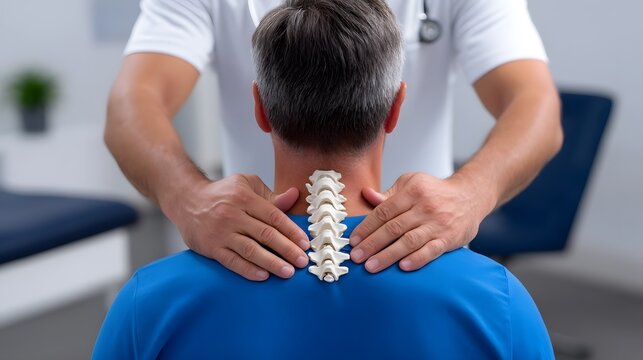 Healthcare professional examining a patient's neck and spine.