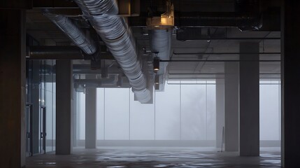 Industrial interior space with exposed ventilation systems.