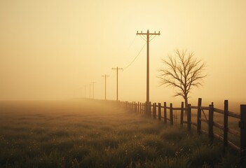 lonely tree beside wooden fence and power poles in foggy rural landscape during sunrise