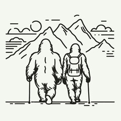 Obraz premium Gorilla couple hiking. Valentine Love Romance Cupid February Clipart Line Art Vector Illustration. Great ape duo trekking nature walk adventure for pair.
