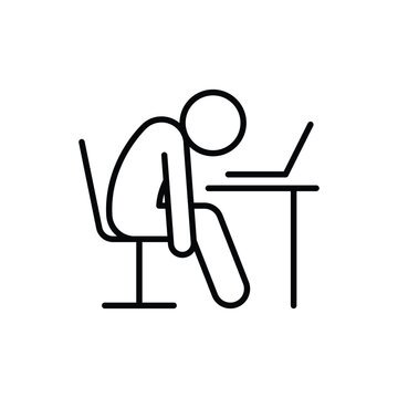Burnout Icon Vector, Exhausted Person Slouched at Desk with Laptop, Outline Symbol for Remote Work Fatigue, Mental Exhaustion, and Overwork Stress