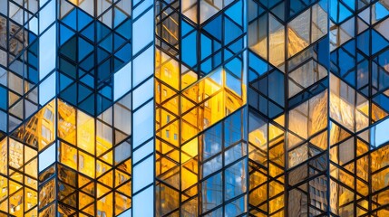Modern building facade with grid-like glass panels in shades of blue and yellow, reflecting sky and warm sunlight, creating abstract, dynamic, and visually engaging contrasts.