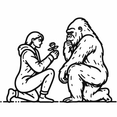 Fototapeta premium Gorilla couple Proposal Pose. Valentine Love Romance Cupid February Clipart Line Art Vector Illustration. Primate pair courting posture loving display wildlife image romantic scene.