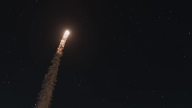 Military rocket launch over night desert landscape with dynamic smoke trail. Could represent missile defense system, anti-air strike, or aerospace operation in hostile environment. CGI footage