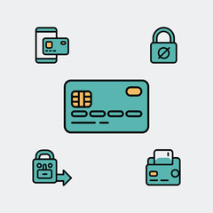 Teal Credit Card Icons Set Mobile Payment Security Encryption Data Protection Symbols Smartphone Credit Card Reader Locked Padlock Unlocked Padlock