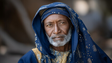 Weathered face of a village elder in traditional robes