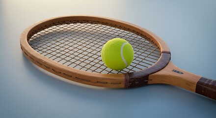Vintage Wooden Tennis Racket with Yellow Ball Resting on Strings