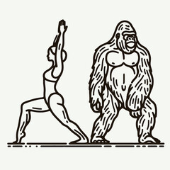 Fototapeta premium Gorilla couple standing yoga poses. Valentine Love Romance Cupid February Clipart Line Art Vector Illustration. Ape pair upright fitness posture routine primal being partner stretch workout.