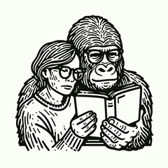 Gorilla couple wear glasses reading. Valentine Love Romance Cupid February Clipart Line Art Vector Illustration. Ape pair with spectacles peruse script wildlife duo study document.