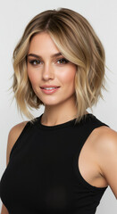 Fototapeta premium Woman with layered blonde bob haircut with highlights on light gray background. Hair texturing and coloring demonstration for salon layering and balayage services
