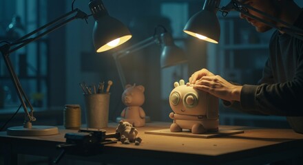 Artist Sculpting Adorable Clay Character Under Warm Lamps