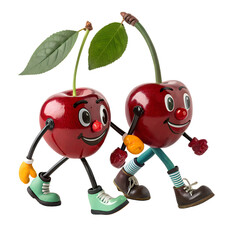 Walking retro cherry fruit personages walking and looking at each other. Vector isolated vintage characters with leaf, hands in gloves and legs in boots. Funny and trendy sticker or