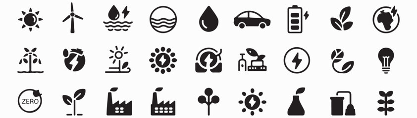 Eco and sustainability icon set. Vector glyph pictograms of recycle, tree, solar panel, wind turbine, environment, renewable energy, and conservation concept black silhouette illustration.