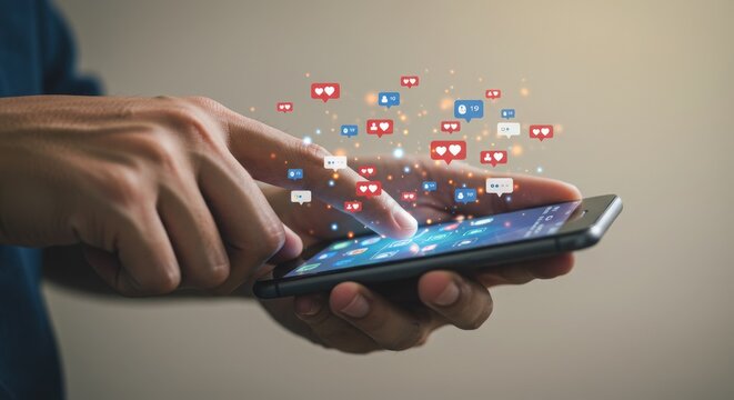 Man Using Smartphone with Social Media Love and Message Notifications - Powered by Adobe
