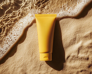 Yellow cosmetic tube of sunscreen lies on sand with water wave. Horizontal mockup of matte plastic packaging for summer, flat lay, sunlight with high contrast