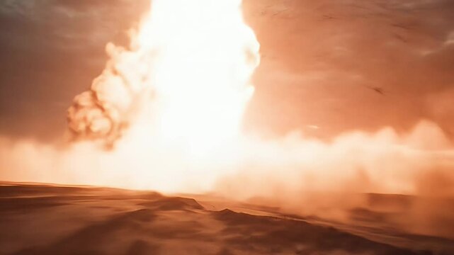 Explosive Detonation in Desert Setting Under a Cloudy Sky Featuring Military Tank Machine and Smoke Dust Cloud Amidst Fiery Ammunition Combat Vehicle
